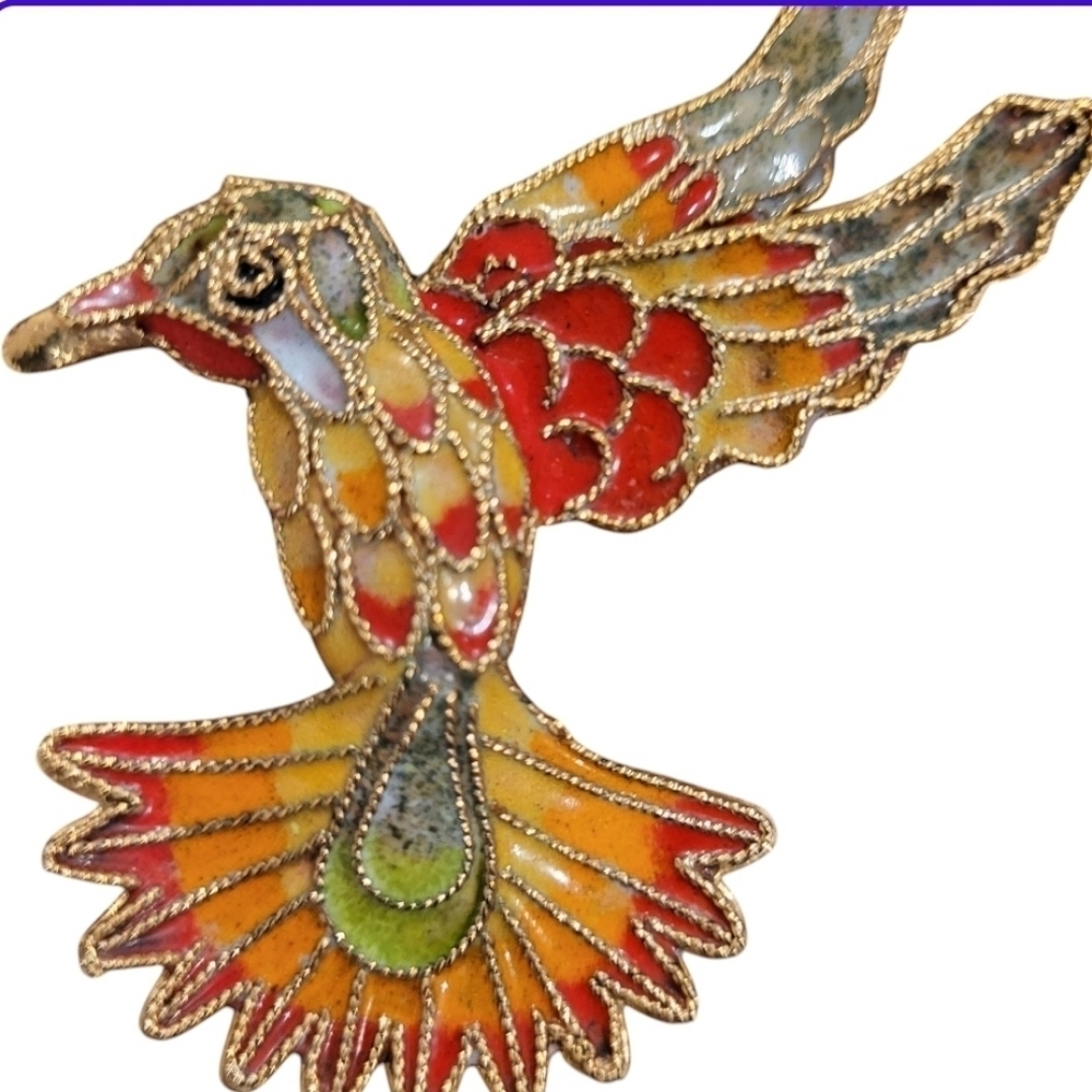 Cloisonné Hummingbird Multicolor Gold Tone Brooch Pin - Picture 2 of 5